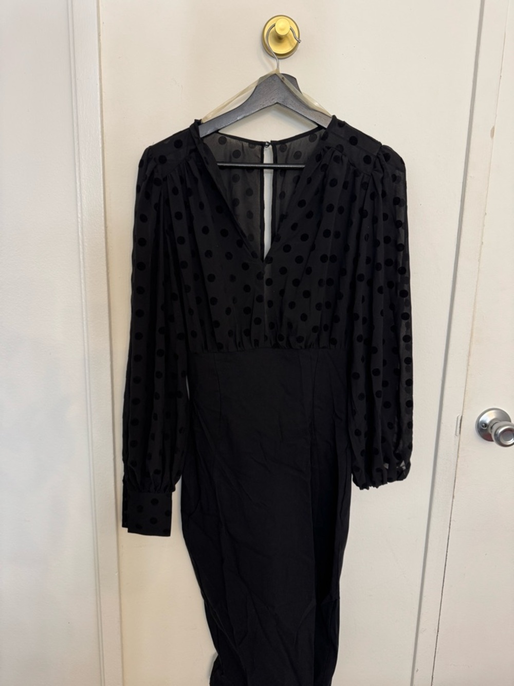 Unique Vintage Black Sheath Dress with Polka Dot Puff Sleeves - Picture 3 of 5